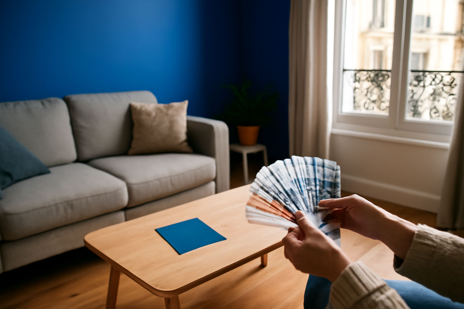 Mur bleu electrique maison avec lumière naturelle, échantillon de peinture et palette blanc cassé et bois clair