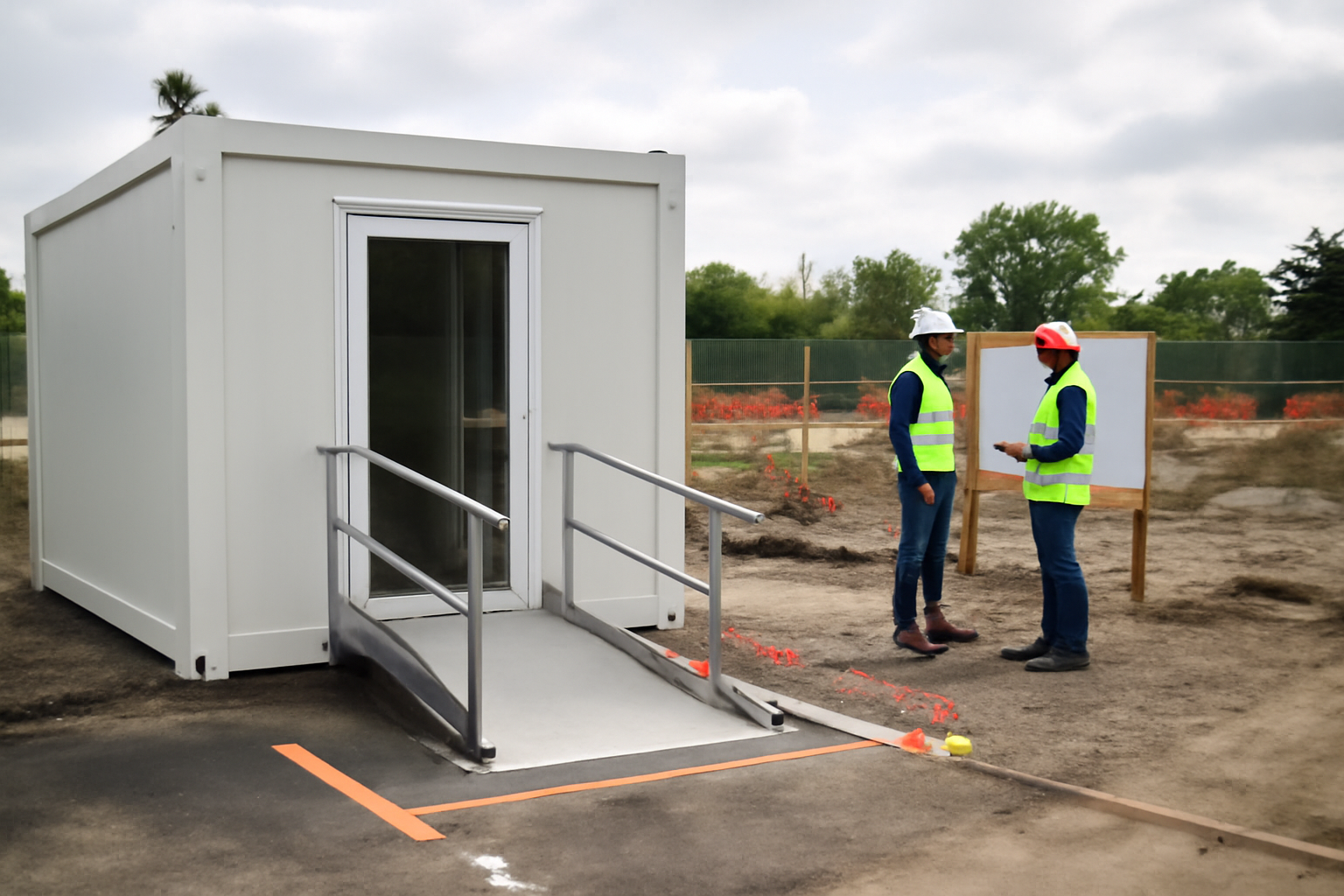 Cabane de chantier sur site avec base vie : vestiaires, bureau et sanitaires, lumière de jour