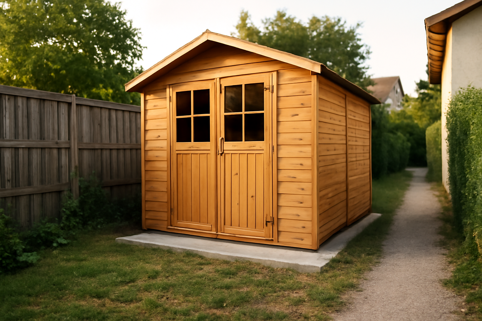 cabanon action polémique : abri de jardin installé près d’une limite avec vue sur la façade et la clôture