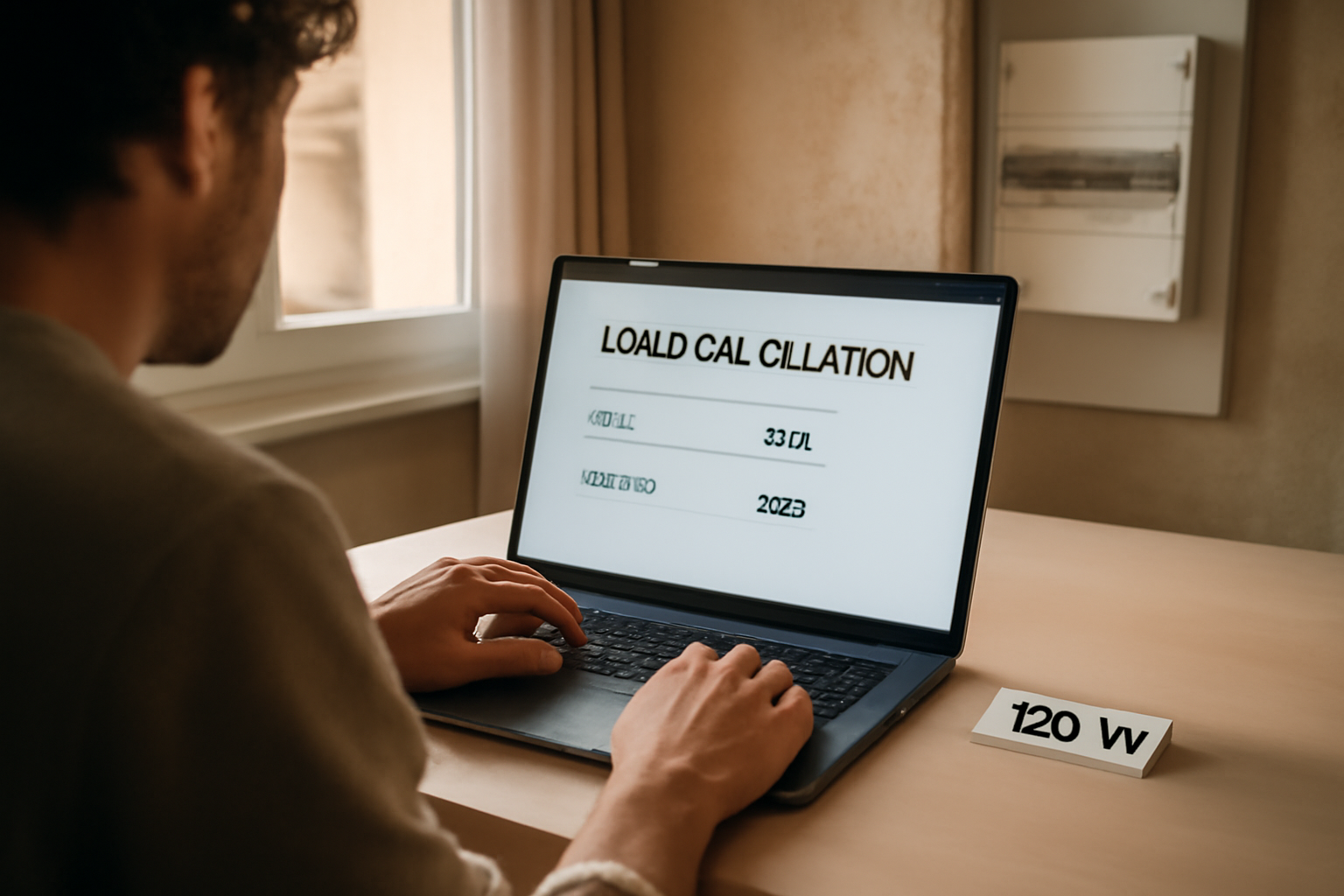 calculateur de charge guidelec.com sur écran, étiquette d’appareil visible et tableau électrique domestique en arrière-plan