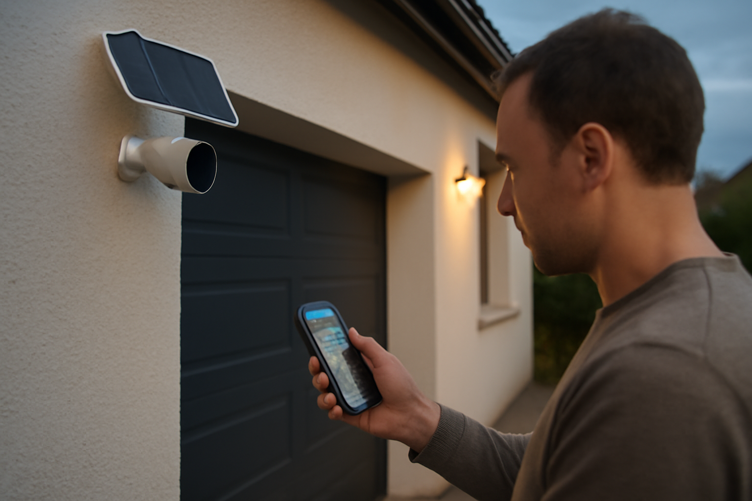 Caméra solaire 4G extérieure installée sur un mur, vue de nuit avec éclairage, scène réaliste