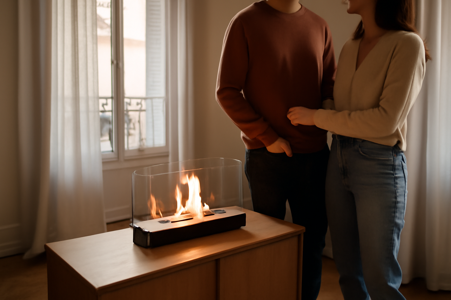 Cheminée au bioéthanol dans un salon, lumière chaude et ventilation visible