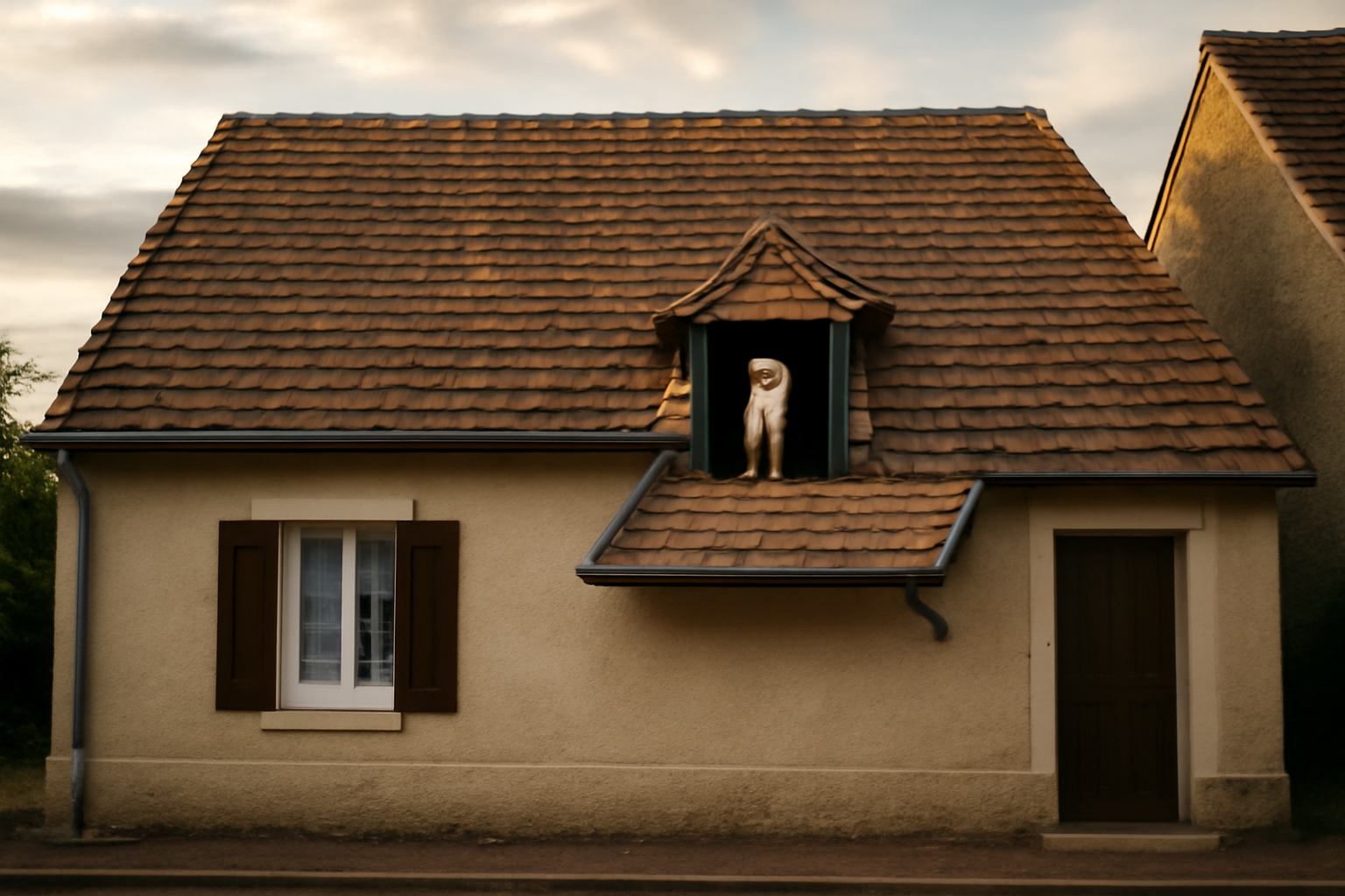 chien assis sur toiture avec pente inversée et raccords de couverture
