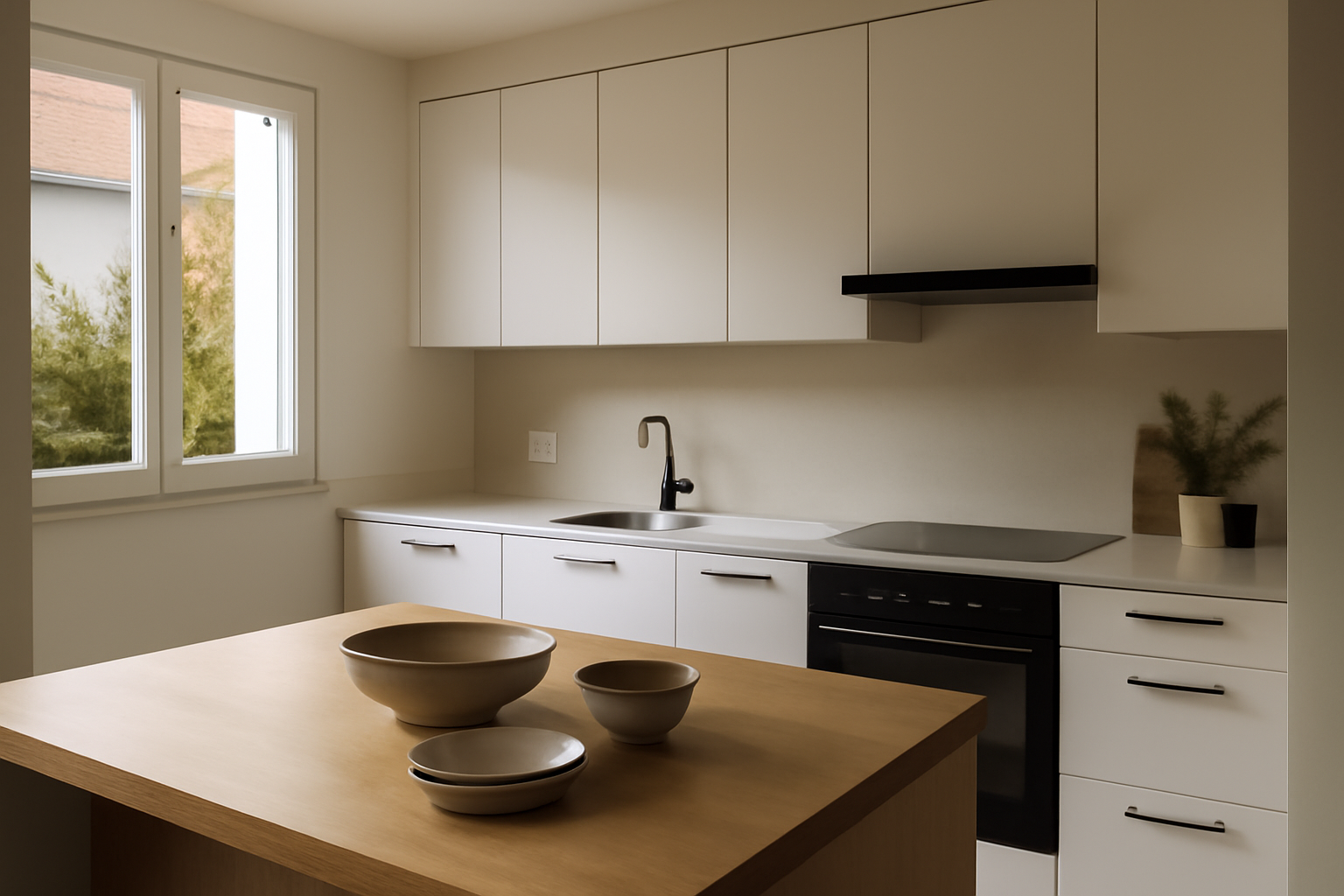 Cuisine blanche et bois lumineuse avec crédence claire, plan de travail minéral et électroménager noir mat