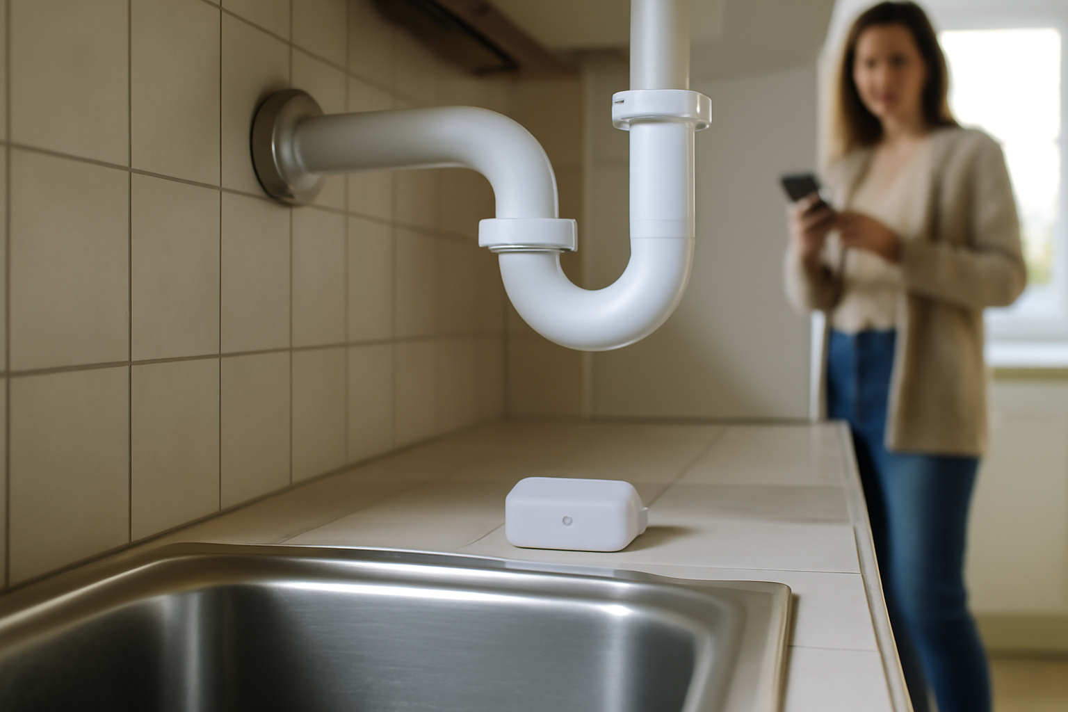 Détecteur de fuite d’eau connecté prix : capteur posé au point bas près d’un évier, alerte sur smartphone