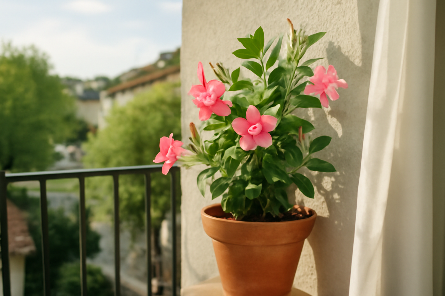 Dipladénia en pot fleuri sur un balcon ensoleillé, près d’un mur clair, lumière naturelle chaude