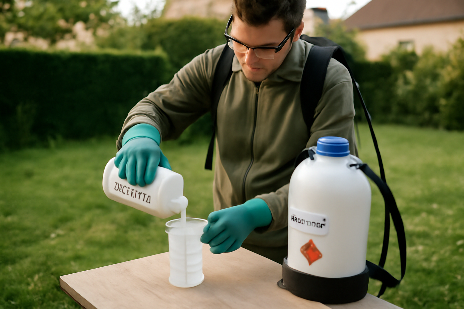 dosage roundup pour 5 litres d’eau : mélange dans un pulvérisateur au jardin, flacon gradué et étiquette produit visibles