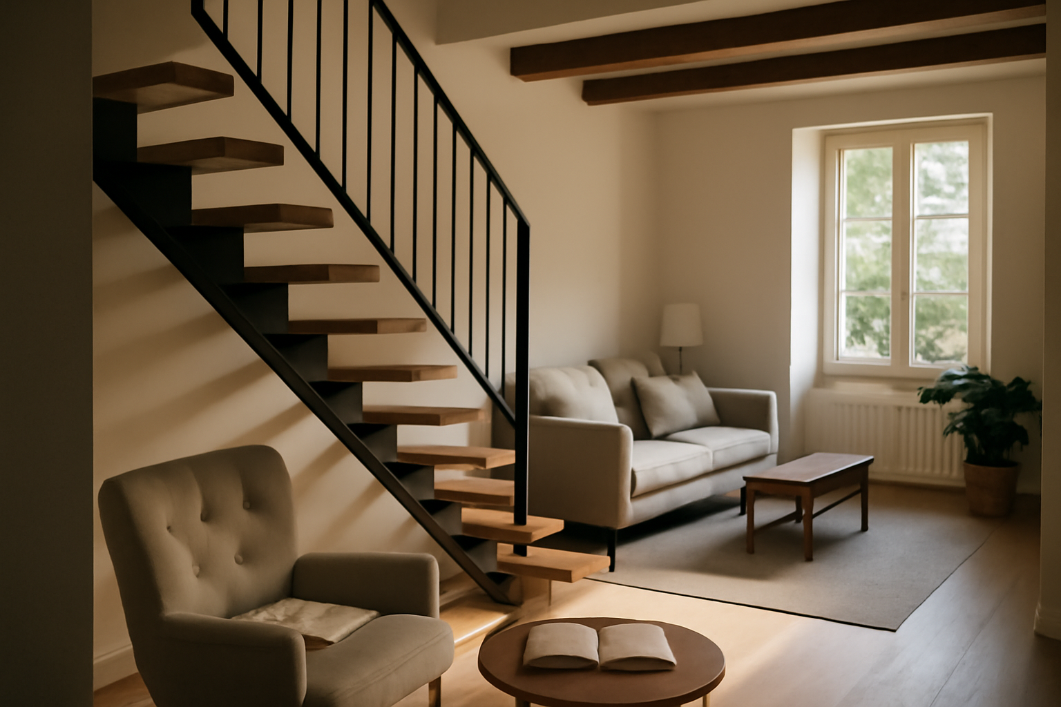 Escalier à pas japonais en bois dans un salon lumineux, avec rampe et éclairage discret