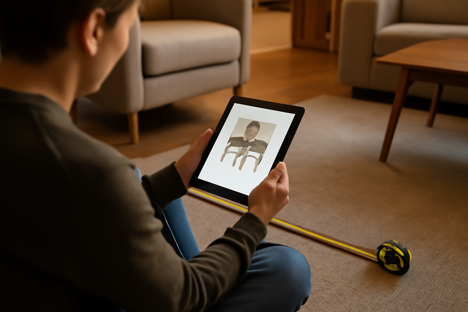 Checklist dimensions et entretien sur une fiche produit de fauteuil design made in design, vue sur tablette et mètre ruban