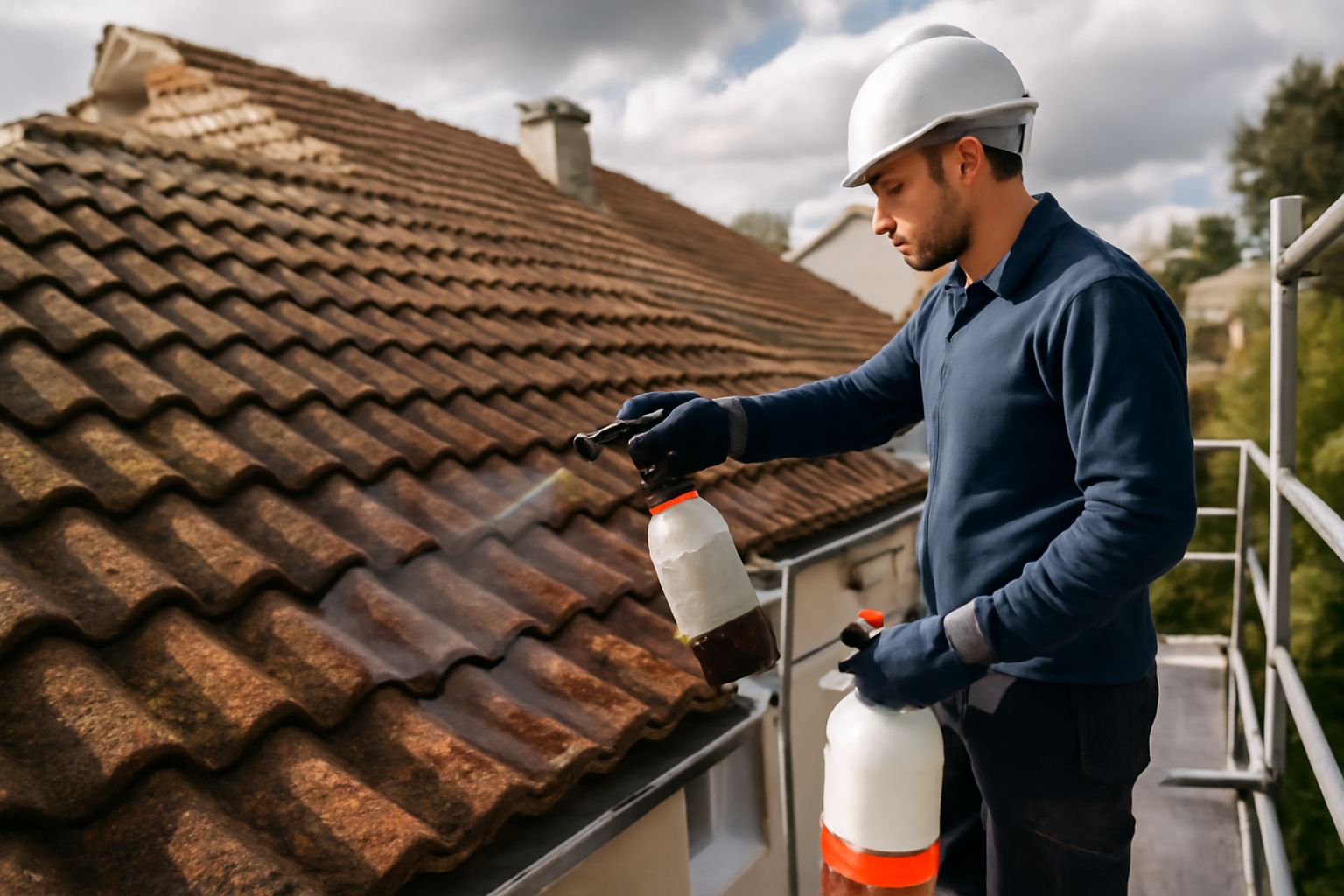 Application d’un hydrofuge toiture sur une toiture en tuiles, travail en hauteur avec matériel de pulvérisation