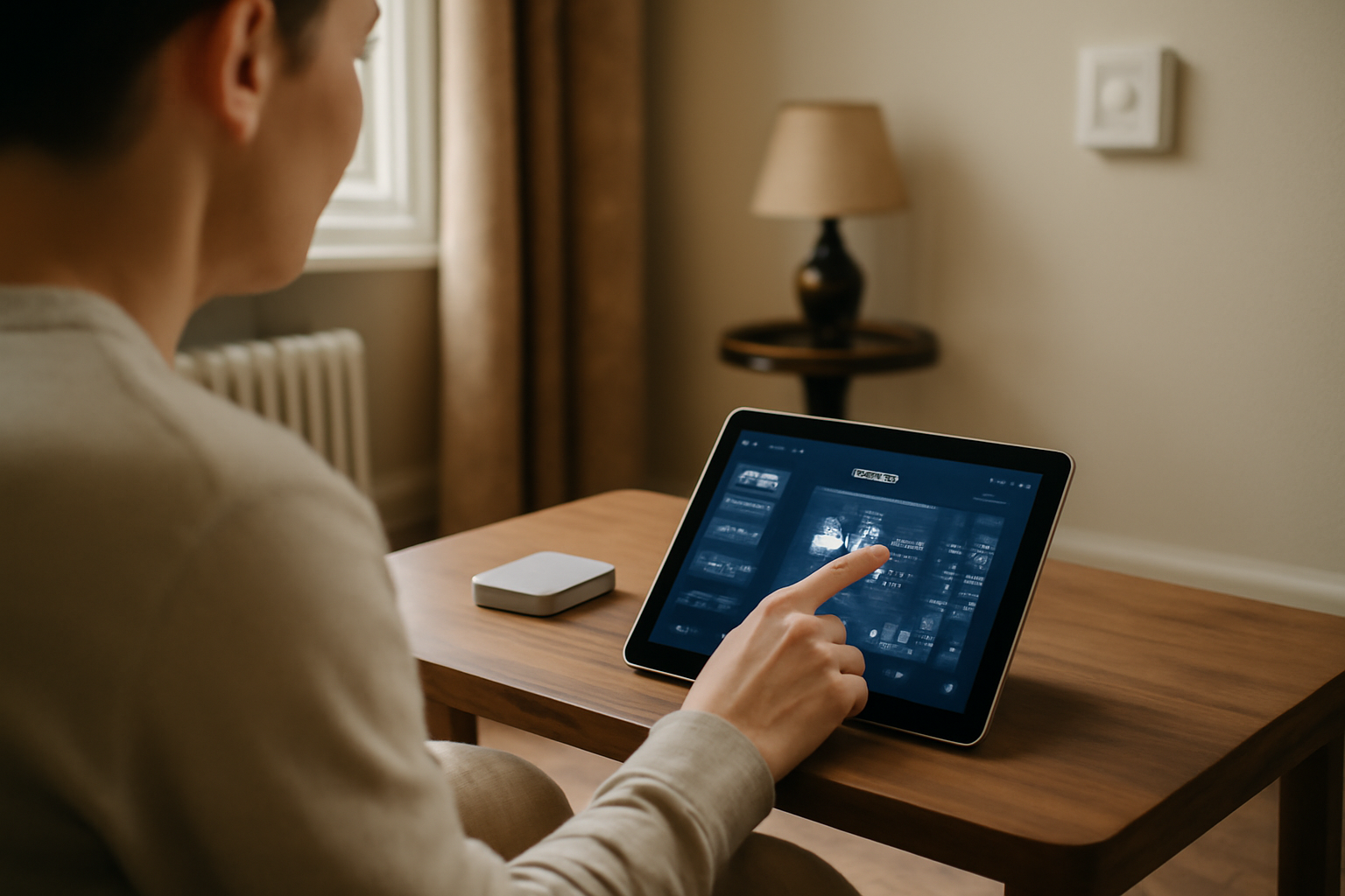 matter vs zigbee 2026 : contrôleur domotique sur tablette et capteurs dans un salon lumineux