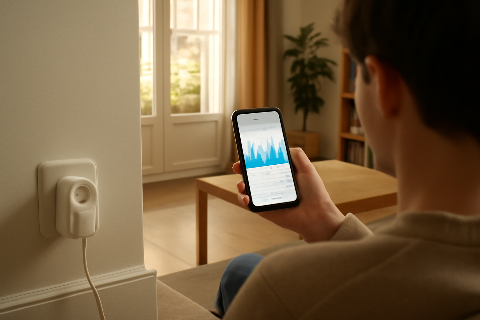 Meilleure prise connectée consommation électrique : prise connectée avec suivi kWh sur un écran d’application, salon français lumineux