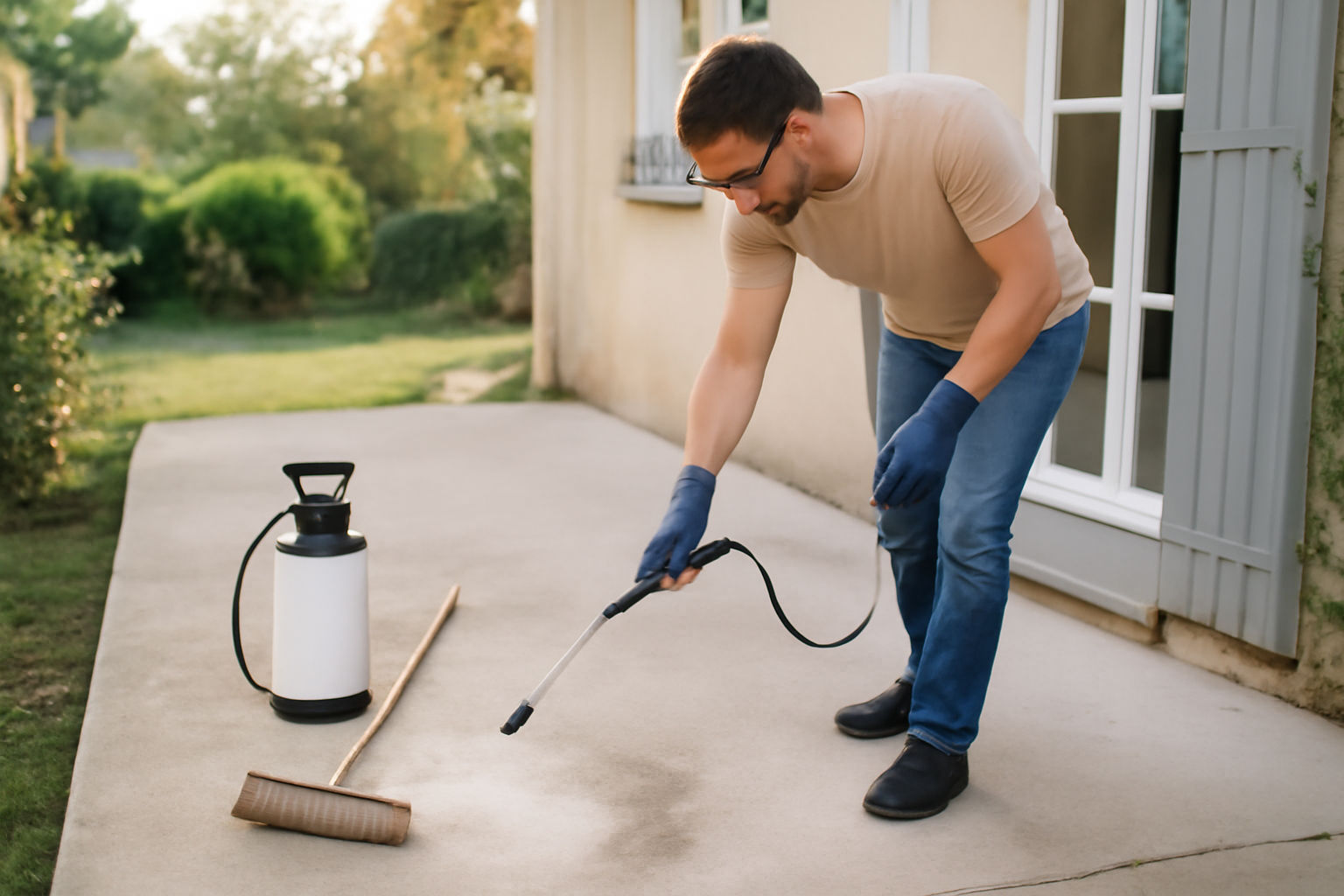 Nettoyant terrasse javel dilué appliqué sur une terrasse en béton, gants et pulvérisateur, lumière de matin