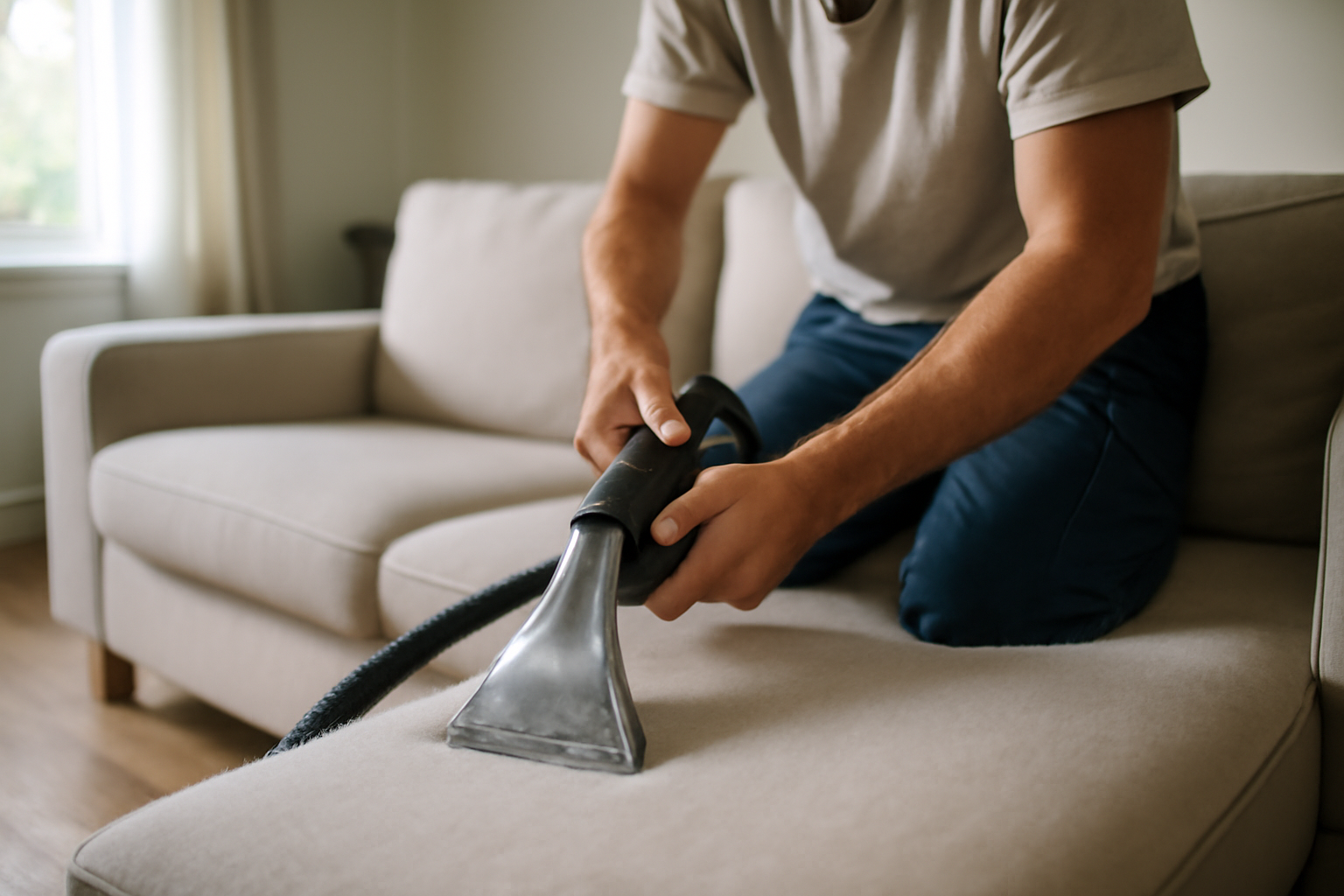 nettoyeur vapeur canapé en action sur un canapé en tissu, lumière naturelle