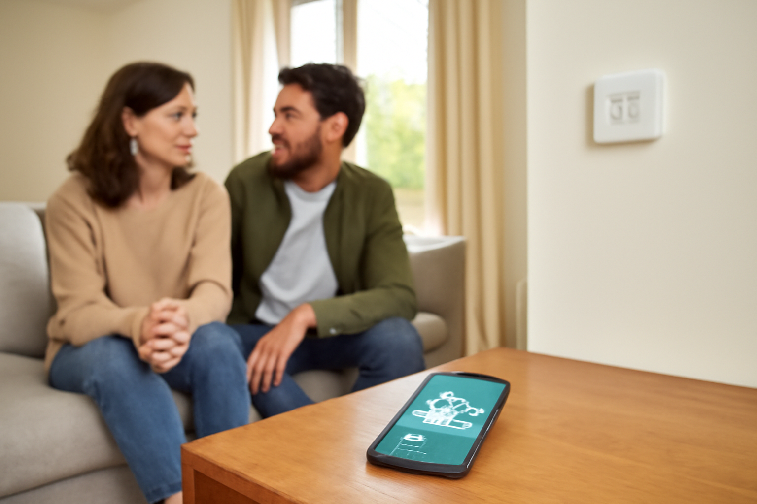 Application de pompe à chaleur connectée sur smartphone à côté d'un thermostat mural dans un salon lumineux