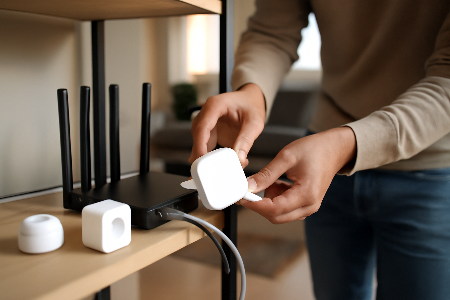 pont zigbee universel avis : passerelle zigbee 3.0 branchée près d’un routeur, avec capteurs et prises visibles