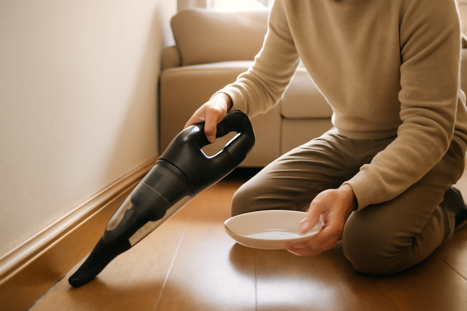 Contrôle au sol près d’une plinthe : aspiration et vérification des débris pour repérer une puce de parquet