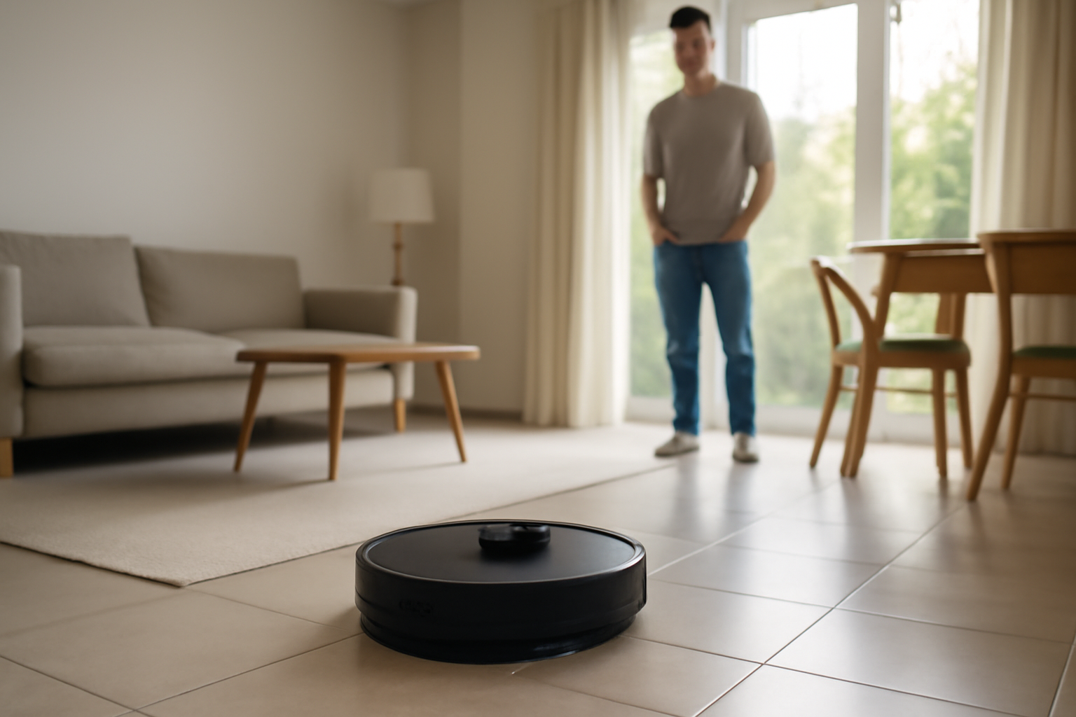 robot aspirateur laveur 3 en 1 en action sur carrelage et parquet, lumière naturelle