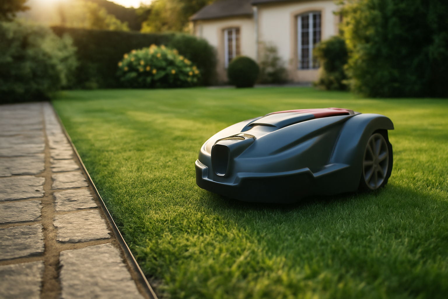 robot tondeuse sans fil périphérique avec câble périphérique posé dans un jardin français, scène réaliste