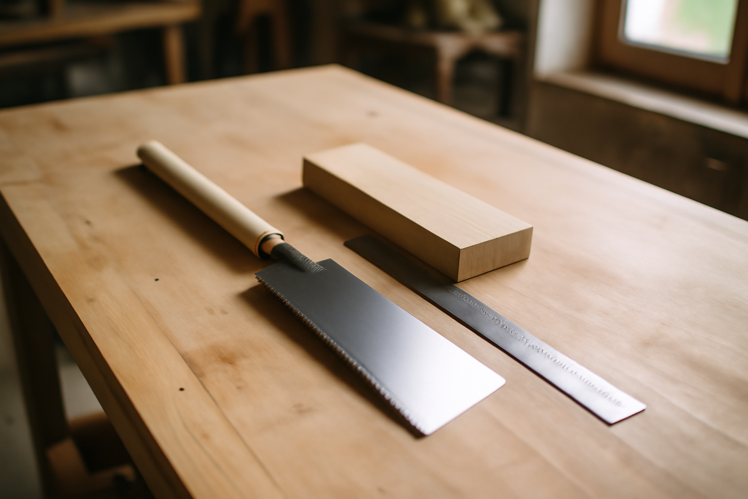 scie japonaise sur établi en atelier bois, lame et dents visibles