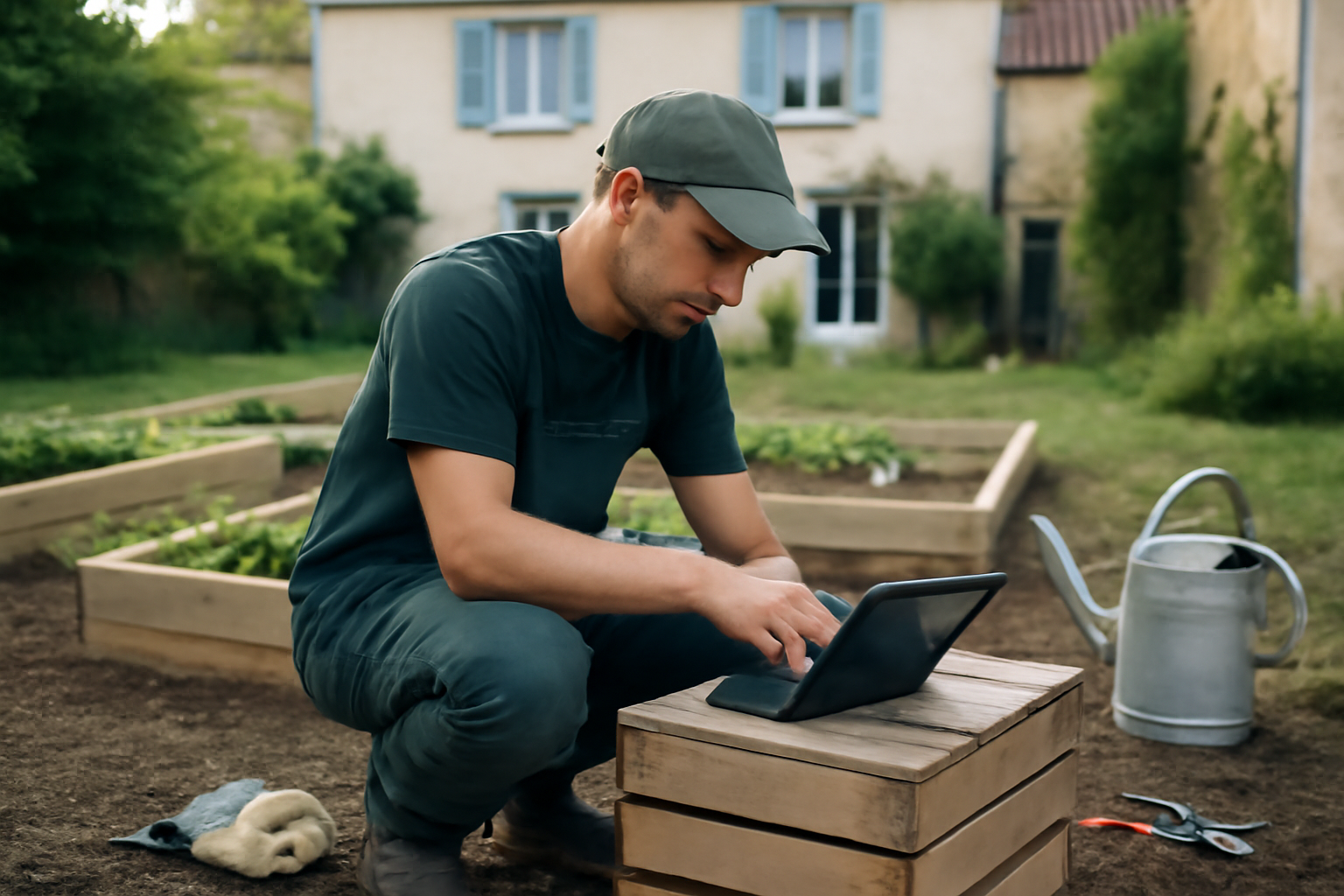 Vue réaliste d’un jardinier consultant shockgarden.com sur tablette près du potager, lumière du matin, outils au sol