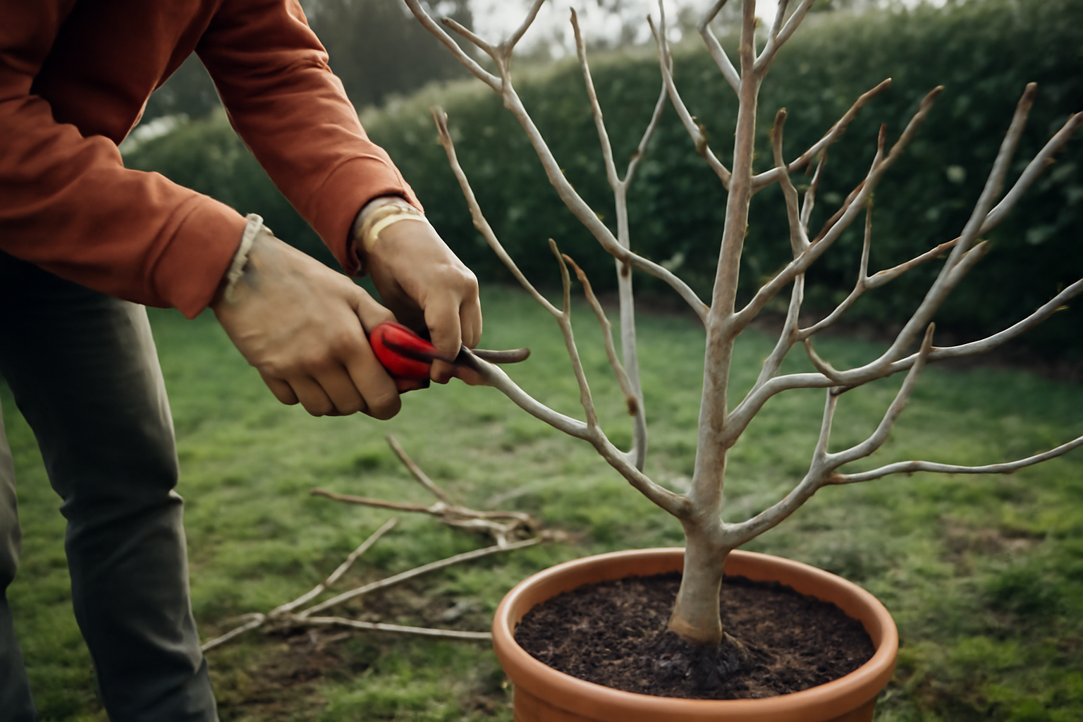 taille figuier au printemps : mains avec sécateur sur Ficus carica, branches nettoyées, lumière naturelle