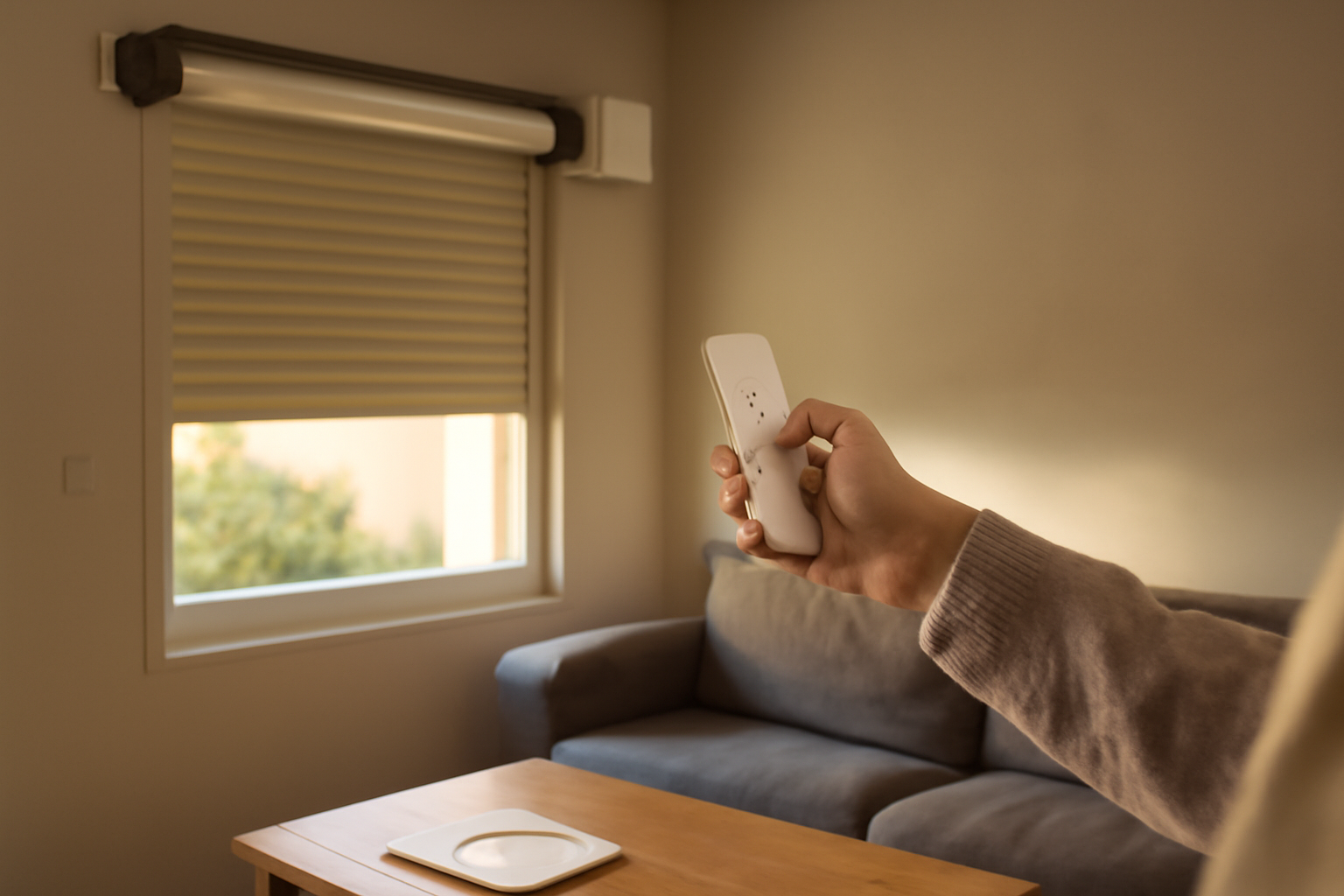télécommande Somfy RTS vs io-homecontrol sur un mur près d’un volet motorisé