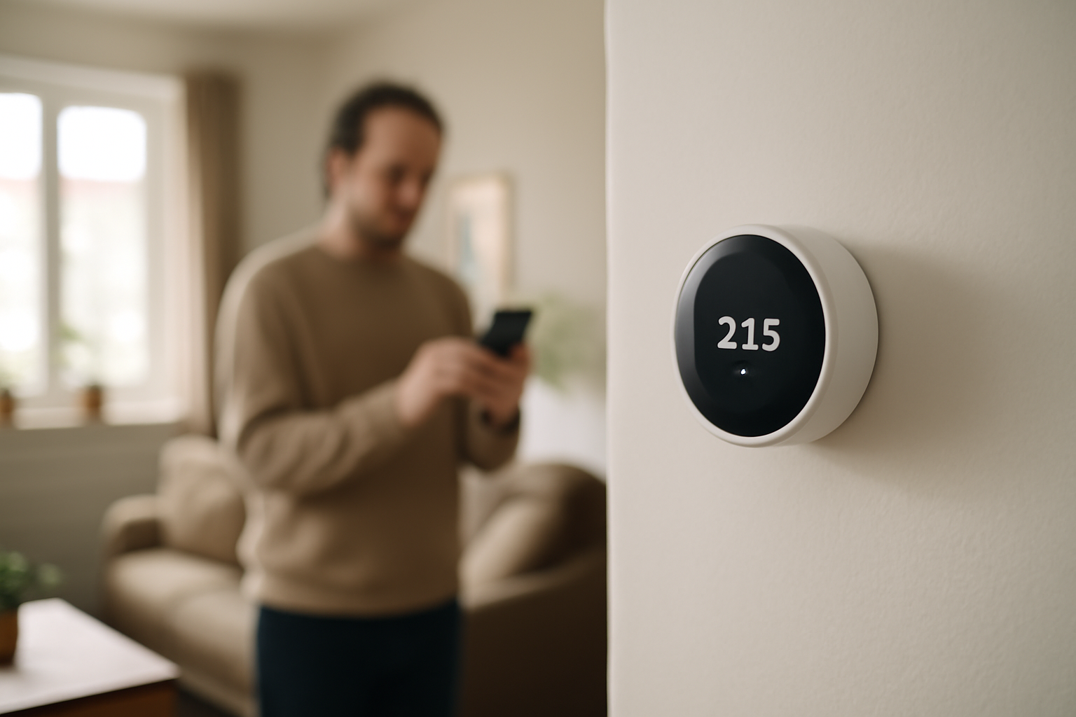thermostat netatmo vs tado sur mur blanc dans un salon français, lumière naturelle, vue de près