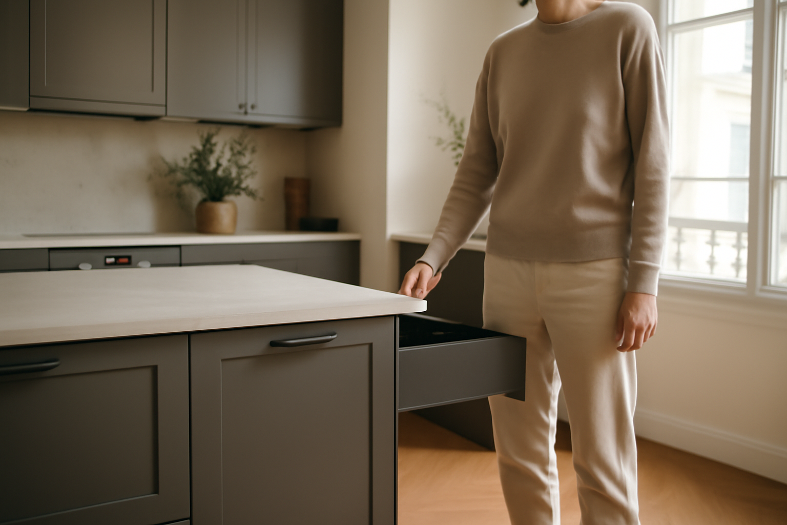 Cuisine sur mesure tyko cuisine avec îlot, façades mates et rangements intégrés, lumière naturelle