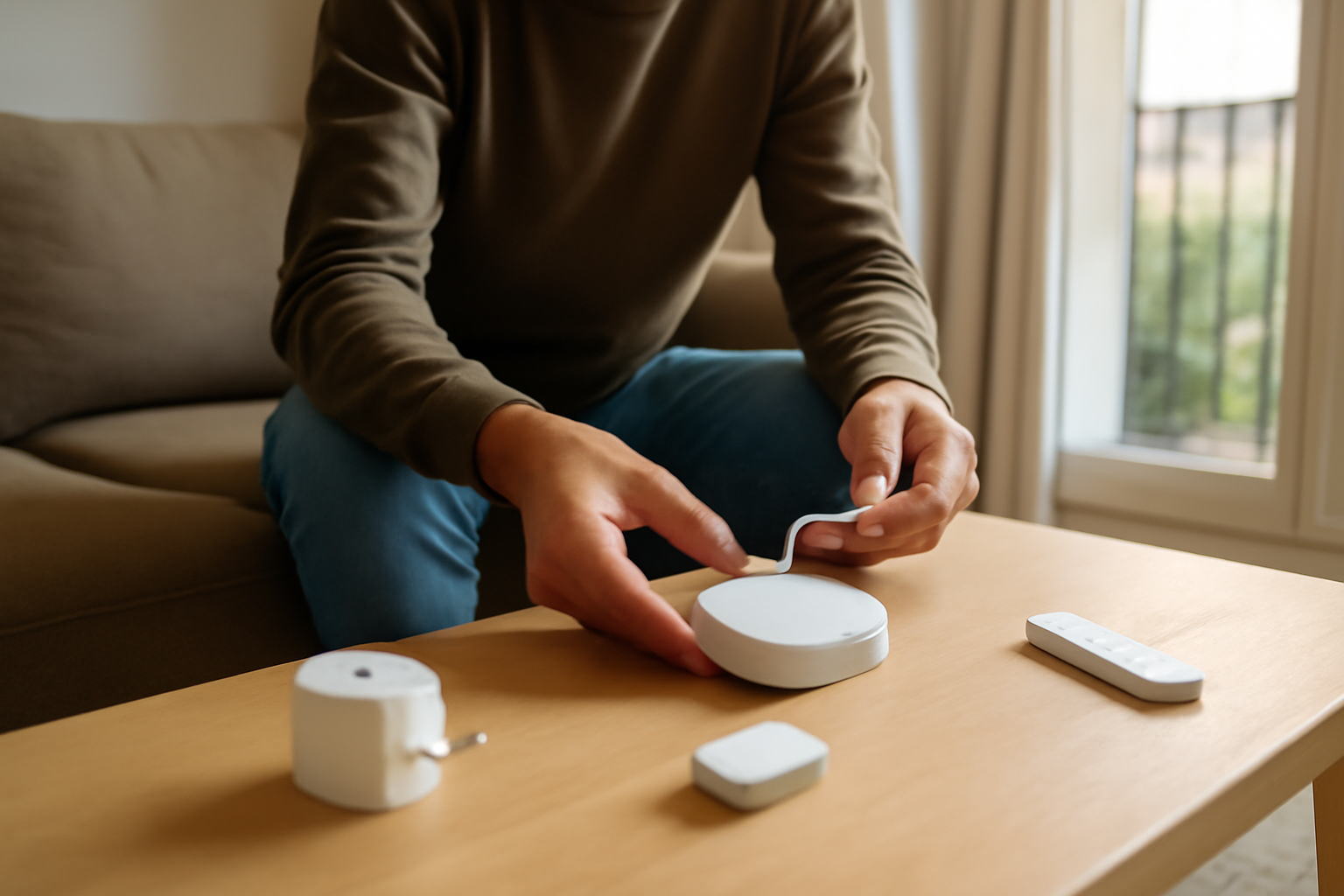 Zigbee en domotique : passerelle hub Zigbee sur un meuble, capteurs et prises connectées, lumière naturelle d’après-midi
