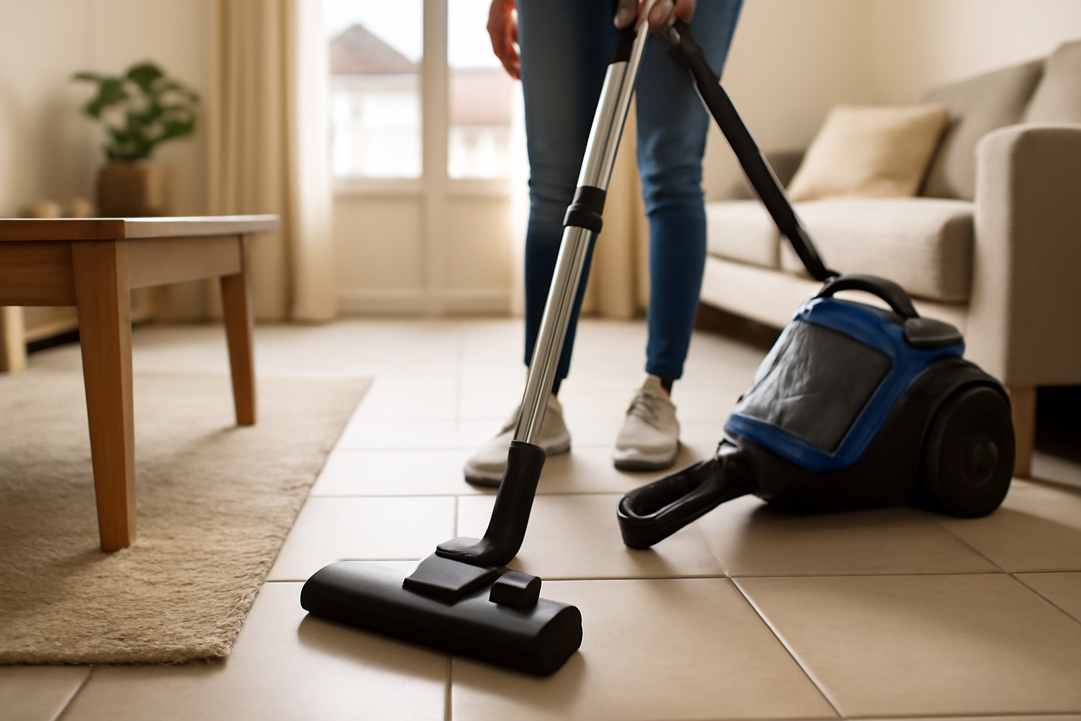 aspirateur Lidl en action dans un salon français, lumière du jour sur sols carrelés