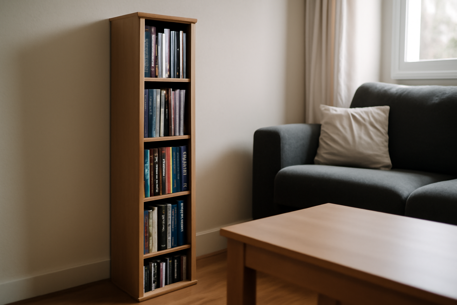 colonne dvd en bois clair avec compartiments pour DVD et Blu-ray dans un salon lumineux