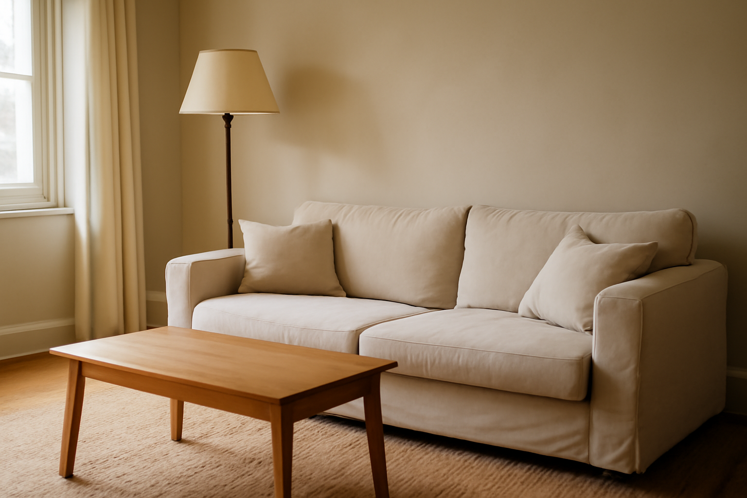 Couleur lin dans un salon lumineux avec murs beige clair, fauteuil en tissu écru et touches bois