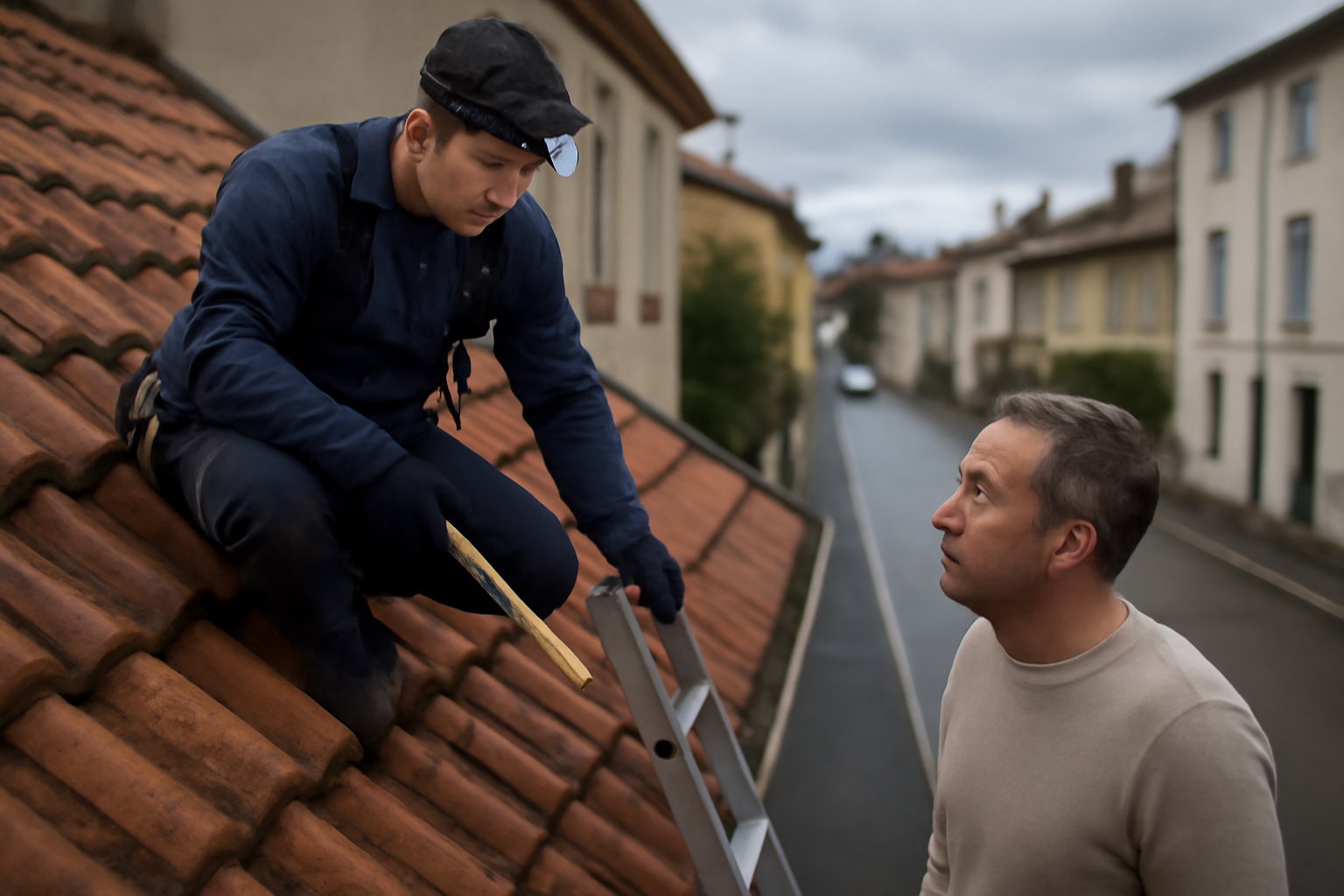 couvreur lyon inspectant une toiture à Lyon, sous une lumière naturelle de fin d’après-midi