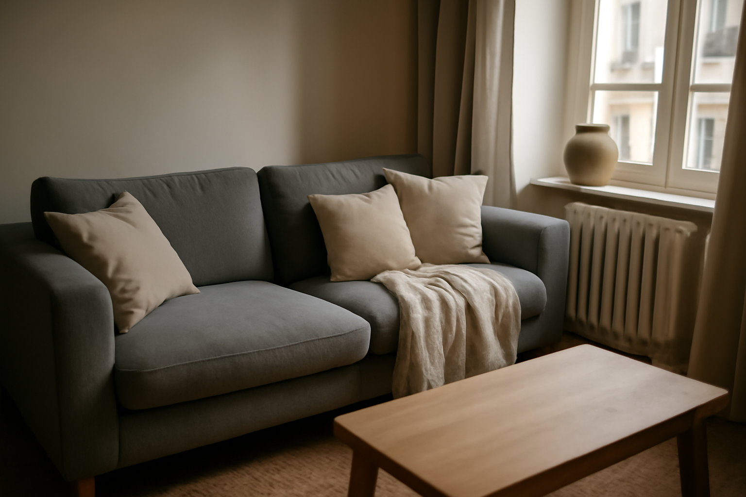 jeté de canapé posé sur un canapé en tissu, lumière naturelle et coussins assortis