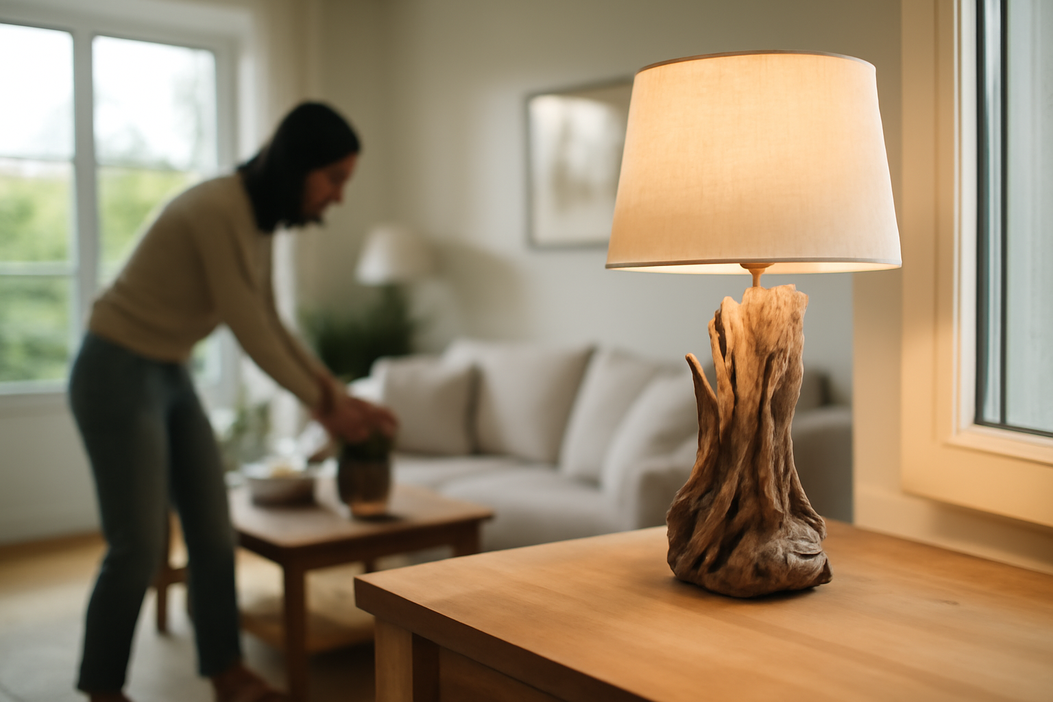 Lampe bois flotté en bois patiné sur une console près d’une fenêtre, lumière chaude d’ambiance