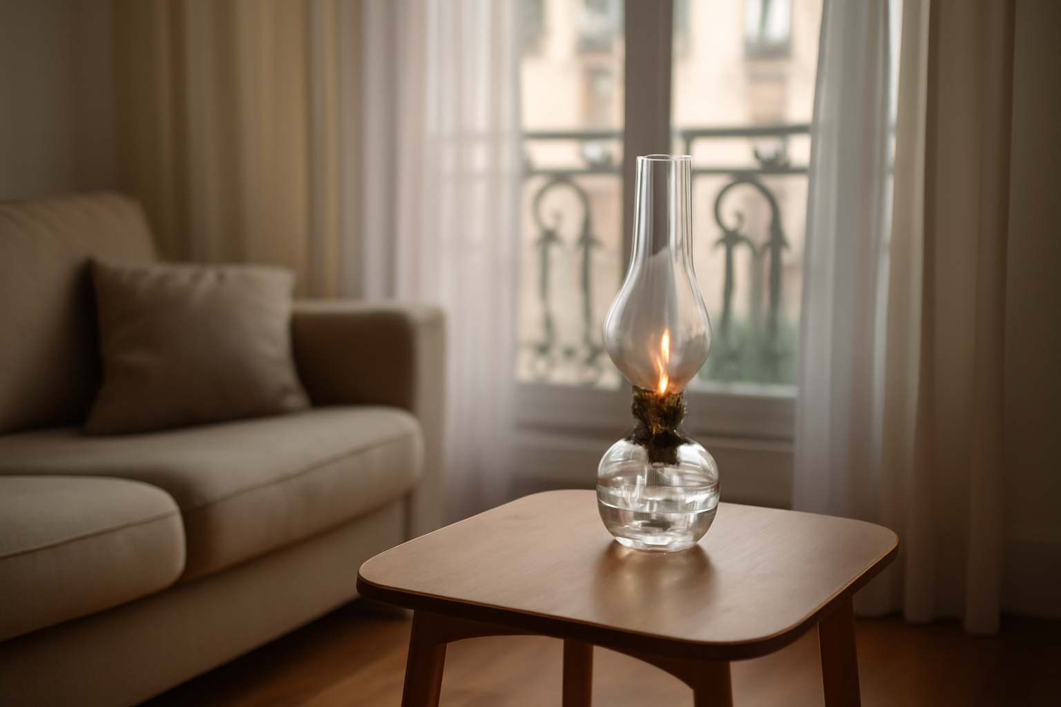 Lampe à huile en verre sur table, flamme stable et verre propre