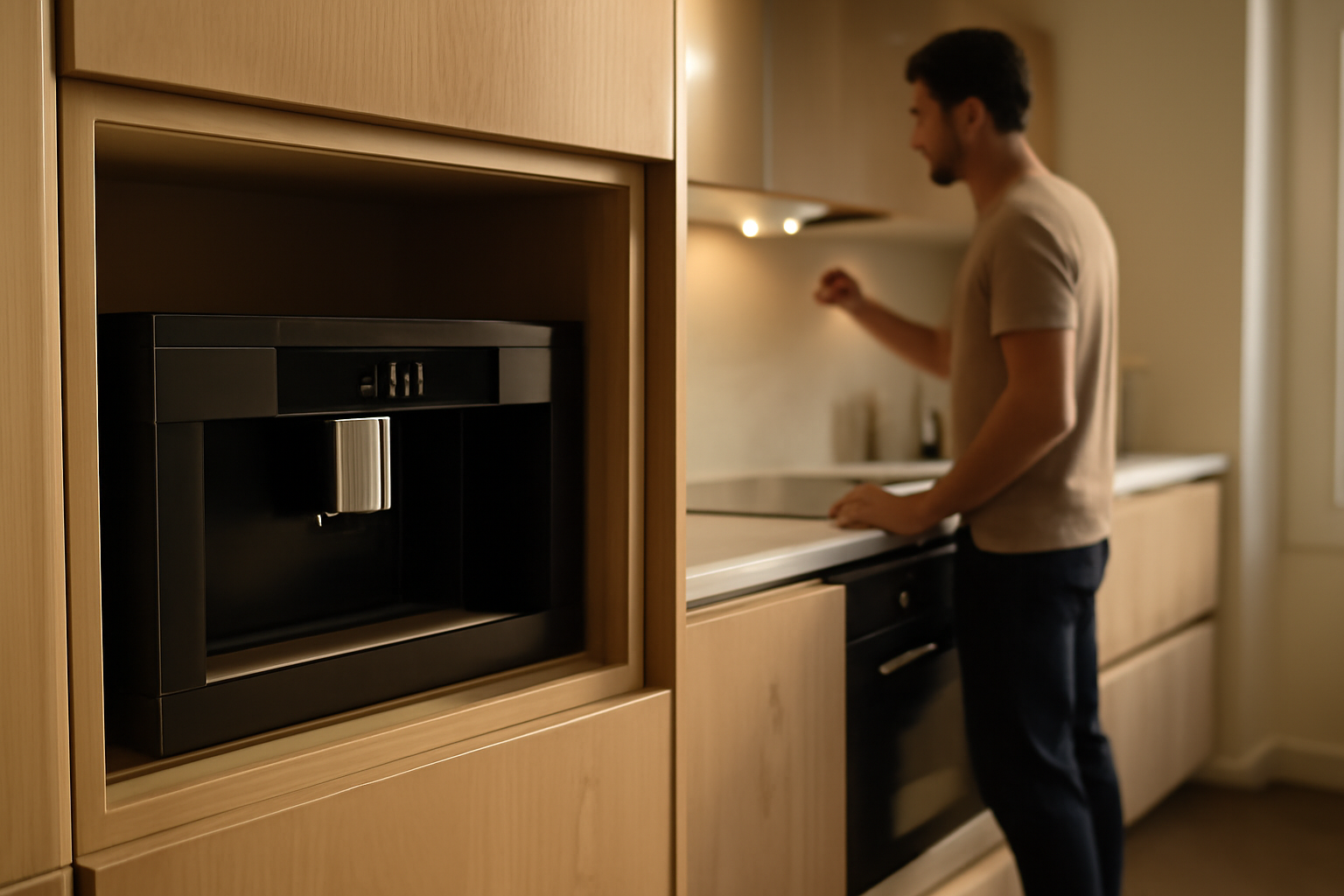 Machine à café encastrable intégrée dans une niche de cuisine, vue de face, lumière naturelle