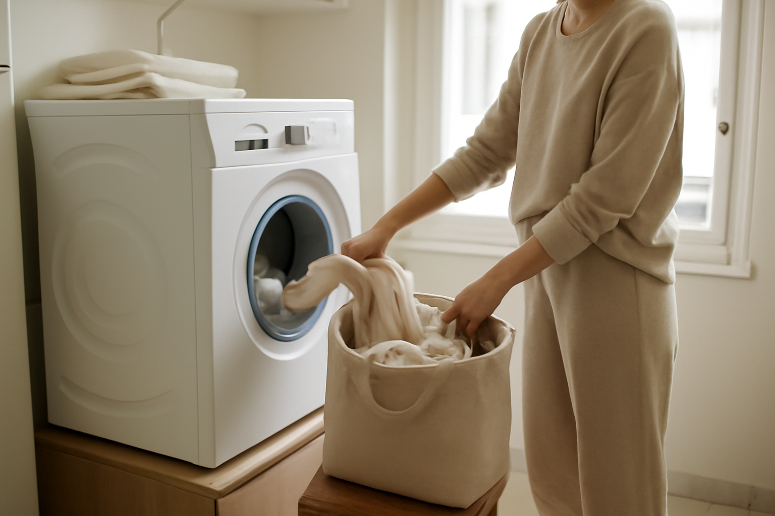 meilleur lave linge : buanderie française avec lave-linge et panier de linge