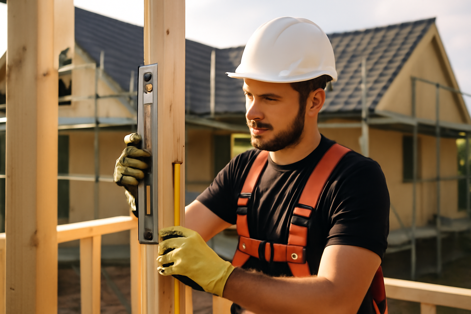 Charpentier sur chantier de maison, pose d’éléments de charpente en ossature bois, lumière naturelle