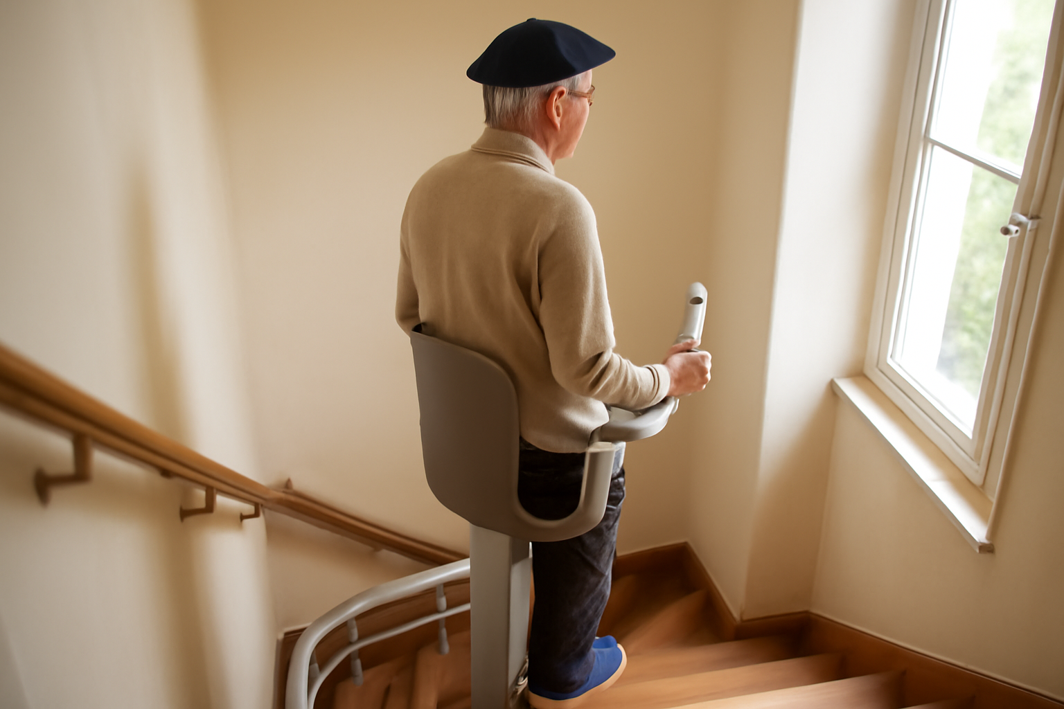 Monte-escalier debout sur escalier intérieur étroit, personne en position verticale utilisant la commande