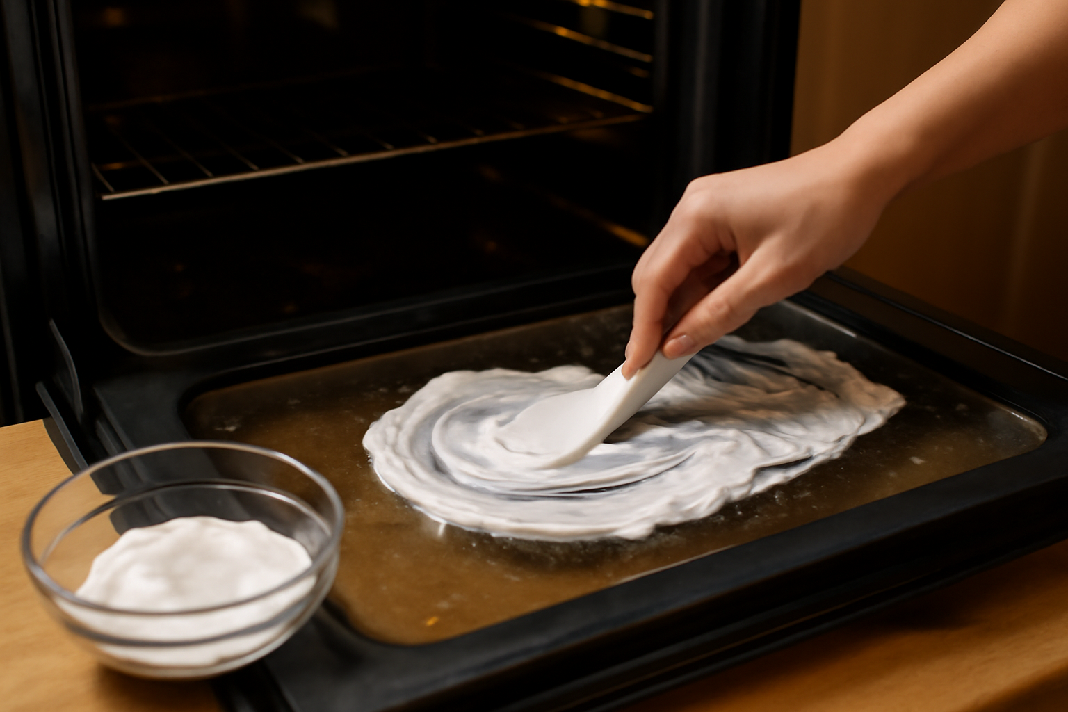 Pâte bicarbonate sur vitre intérieure de four : étalage uniforme avant pose