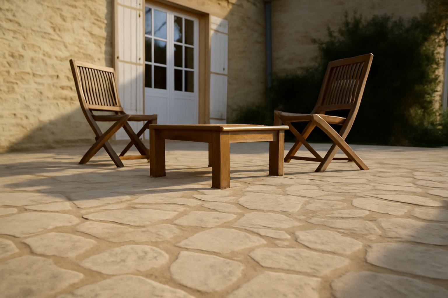 Dallage en opus incertum en pierres irrégulières sur une terrasse, lumière naturelle de fin d’après-midi