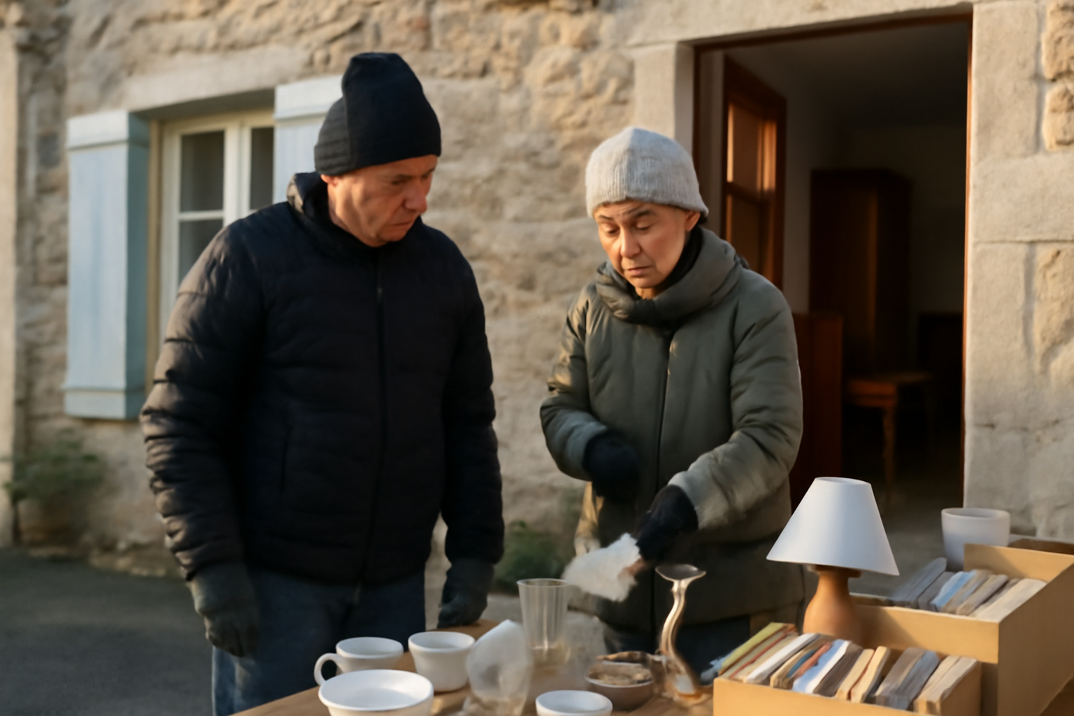 Vide maison 53 en Mayenne : chineurs devant une maison, cartons et meubles, lumière du matin